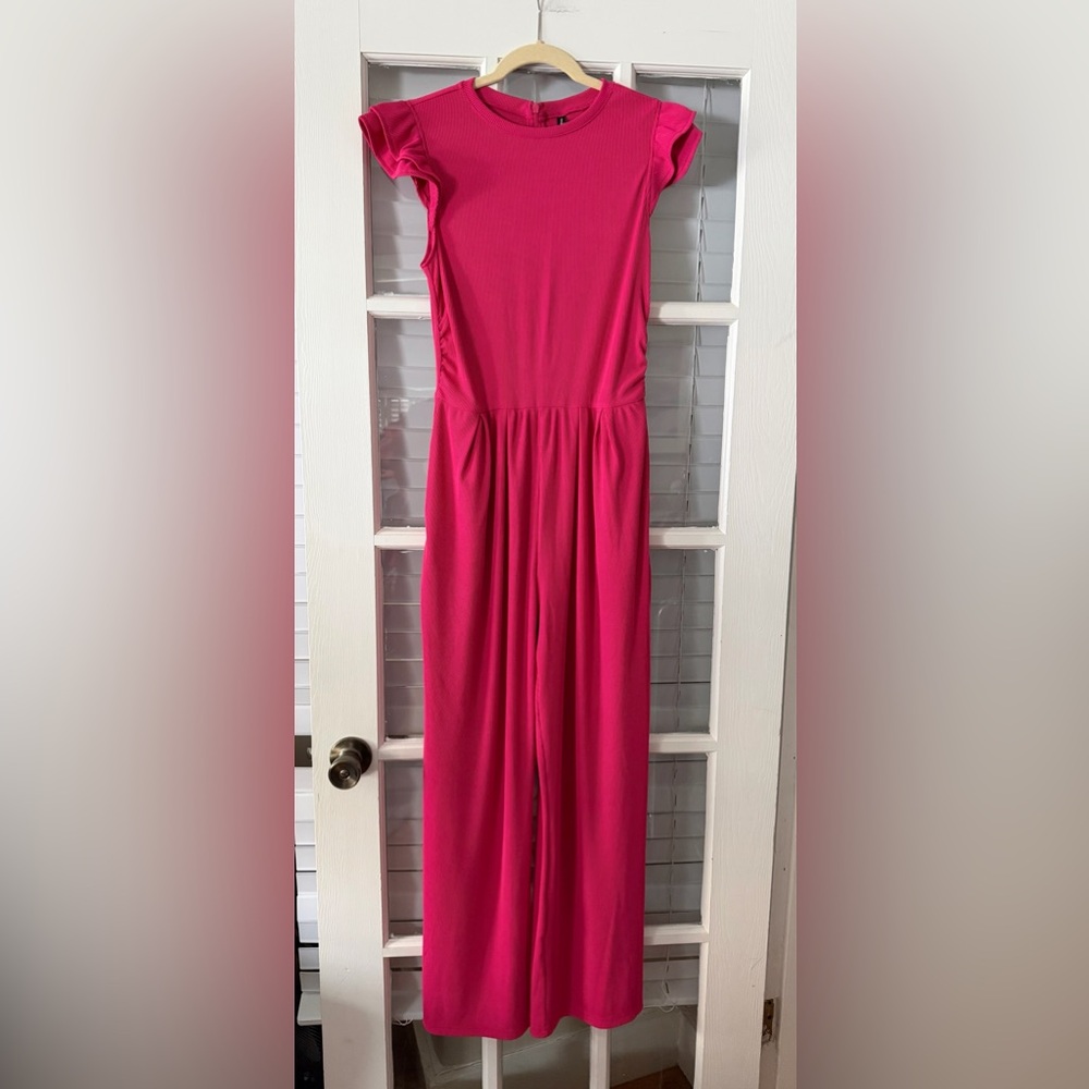 PrettyGarden Women’s M Pink Ribbed Ruffle Sleeve Wide Leg Jumpsuit | SKU 0187